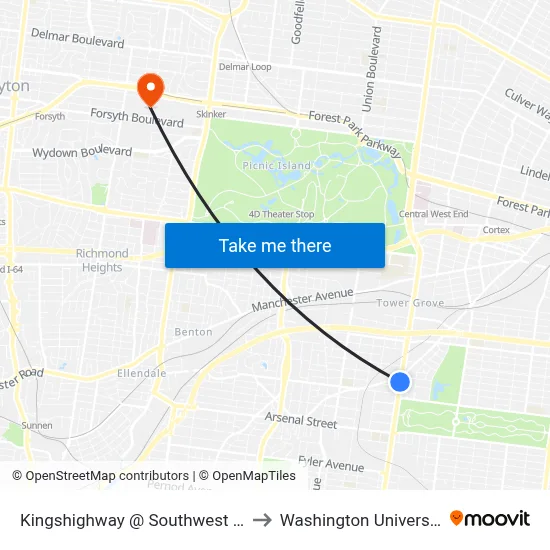 Kingshighway @ Southwest Sb to Washington University map
