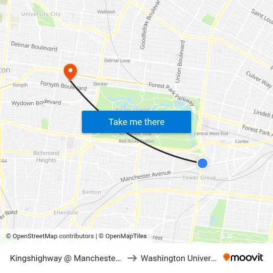 Kingshighway @ Manchester Sb to Washington University map