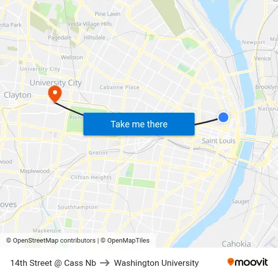 14th Street @ Cass Nb to Washington University map