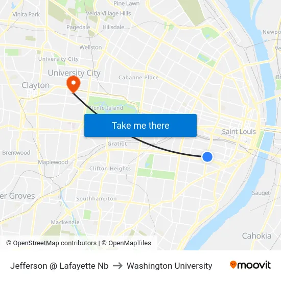 Jefferson @ Lafayette Nb to Washington University map