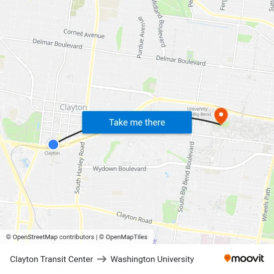 Clayton Transit Center to Washington University map
