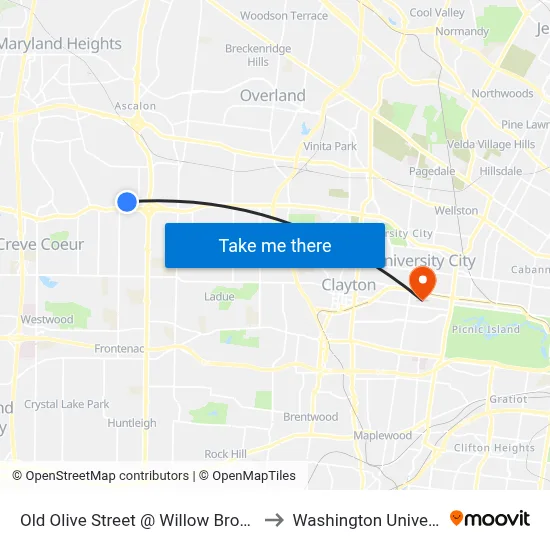 Old Olive Way @ Willow Brook Wb to Washington University map