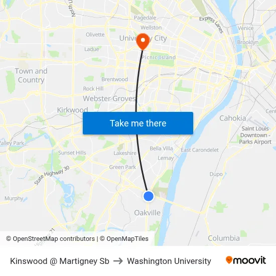 Kinswood @ Martigney Sb to Washington University map