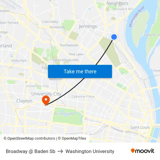 Broadway @ Baden Sb to Washington University map