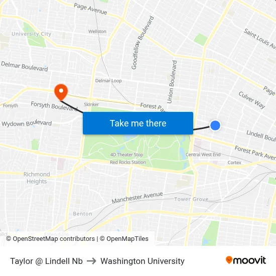 Taylor @ Lindell Nb to Washington University map