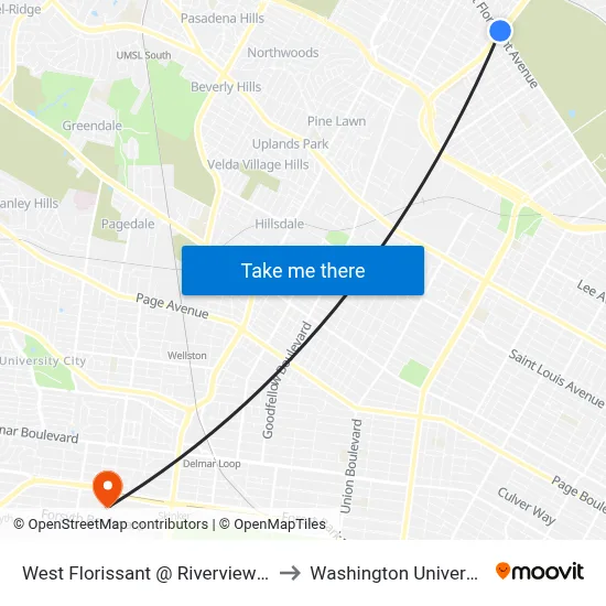 West Florissant @ Riverview Sb to Washington University map