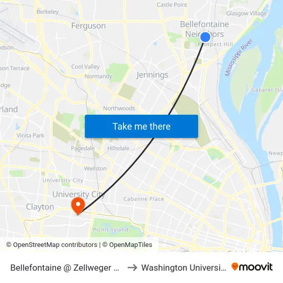 Bellefontaine @ Zellweger Sb to Washington University map
