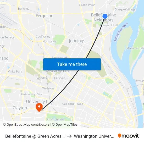 Bellefontaine @ Green Acres Sb to Washington University map