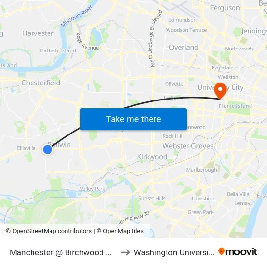 Manchester @ Birchwood Wb to Washington University map