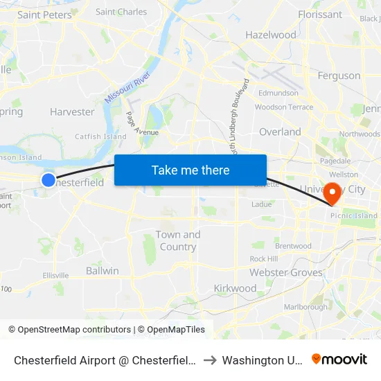 Chesterfield Airport @ Chesterfield Commons Eb to Washington University map