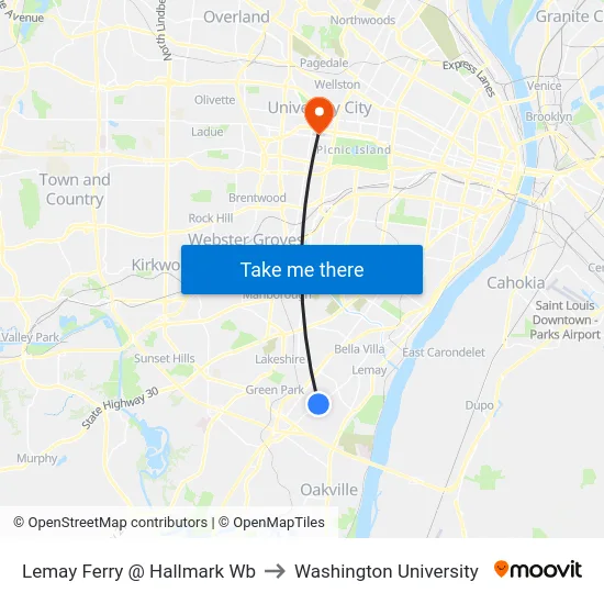 Lemay Ferry @ Hallmark Wb to Washington University map
