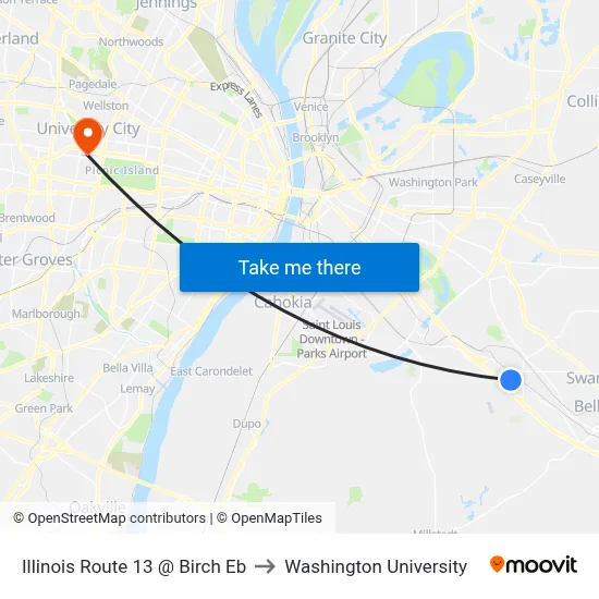 Illinois Route 13 @ Birch Eb to Washington University map