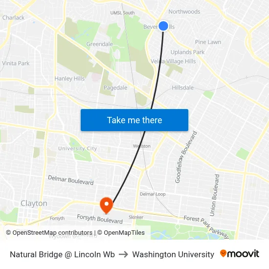 Natural Bridge @ Lincoln Wb to Washington University map