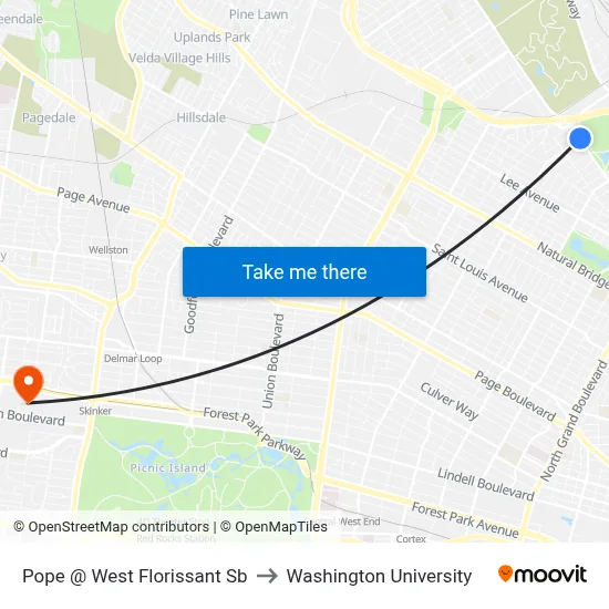 Pope @ West Florissant Sb to Washington University map