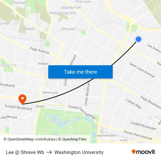 Lee @ Shreve Wb to Washington University map