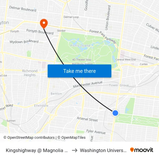 Kingshighway @ Magnolia Nb to Washington University map