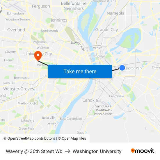 Waverly @ 36th Street Wb to Washington University map