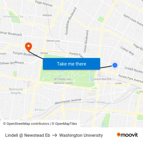 Lindell @ Newstead Eb to Washington University map