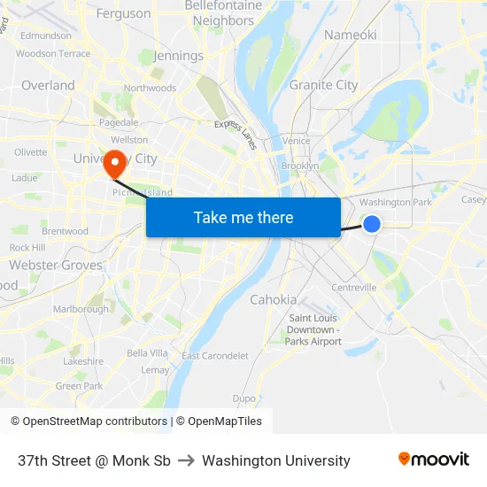 37th Street @ Monk Sb to Washington University map