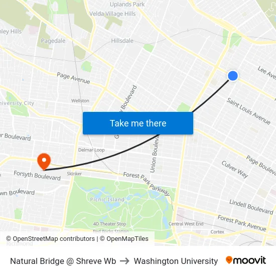 Natural Bridge @ Shreve Wb to Washington University map