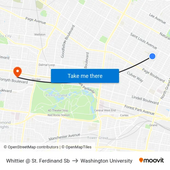 Whittier @ St. Ferdinand Sb to Washington University map