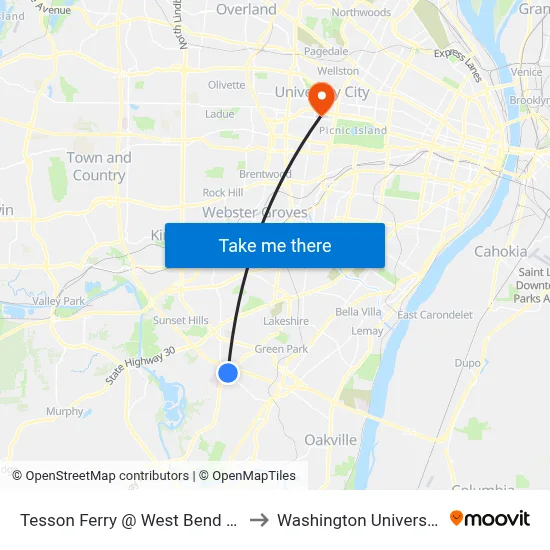 Tesson Ferry @ West Bend Sb to Washington University map
