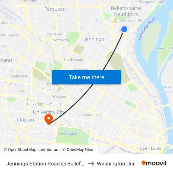 Jennings Station Road @ Bellefontaine Eb to Washington University map