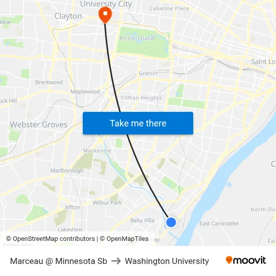 Marceau @ Minnesota Sb to Washington University map