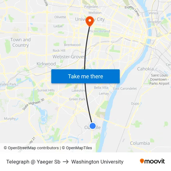 Telegraph @ Yaeger Sb to Washington University map