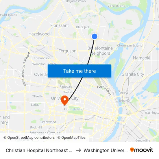 Christian Hospital Northeast Loop to Washington University map