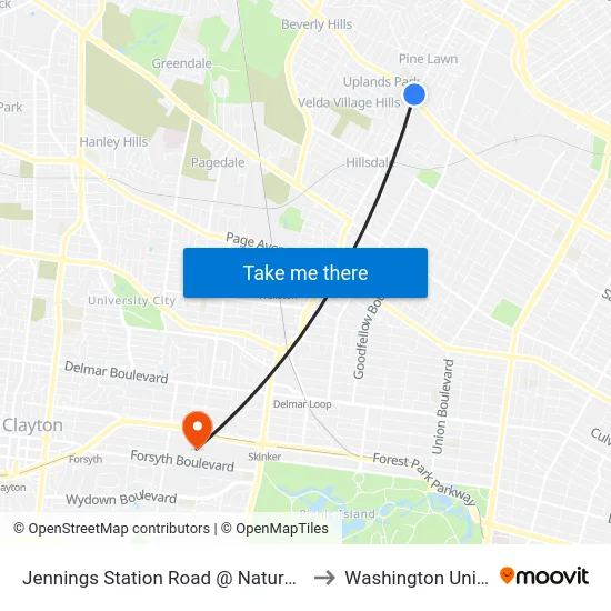 Jennings Station Road @ Natural Bridge Sb to Washington University map