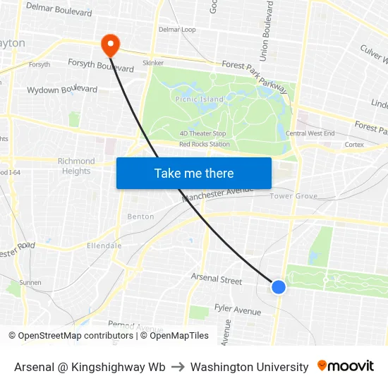 Arsenal @ Kingshighway Wb to Washington University map