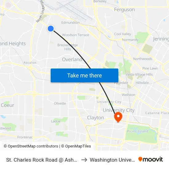 St. Charles Rock Road @ Ashby Wb to Washington University map