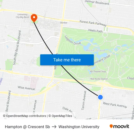 Hampton @ Crescent Sb to Washington University map