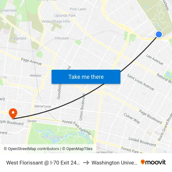 West Florissant @ I-70 Exit 245b Sb to Washington University map