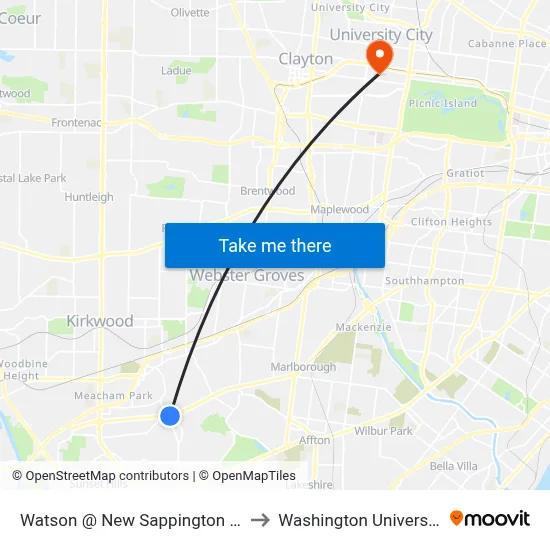 Watson @ New Sappington Eb to Washington University map