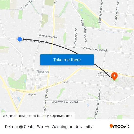 Delmar @ Center Wb to Washington University map