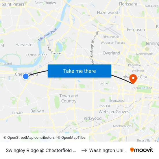 Swingley Ridge @ Chesterfield City Hall Sb to Washington University map