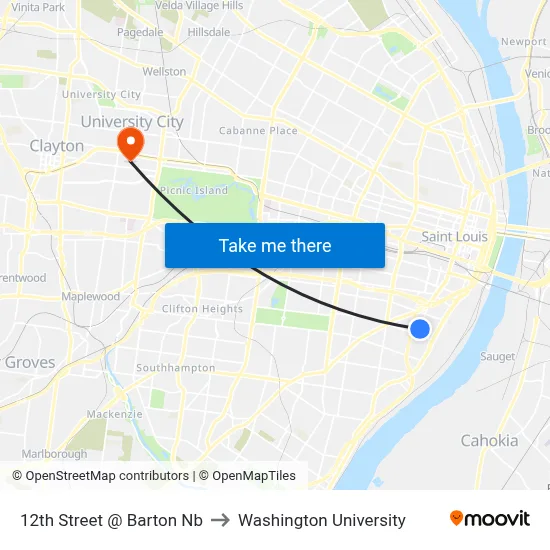 12th Street @ Barton Nb to Washington University map