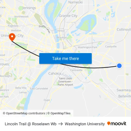 Lincoln Trail @ Roselawn Wb to Washington University map
