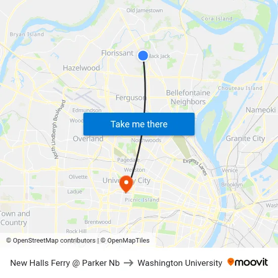 New Halls Ferry @ Parker Nb to Washington University map