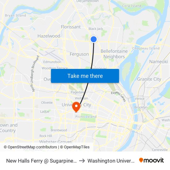 New Halls Ferry @ Sugarpine Sb to Washington University map