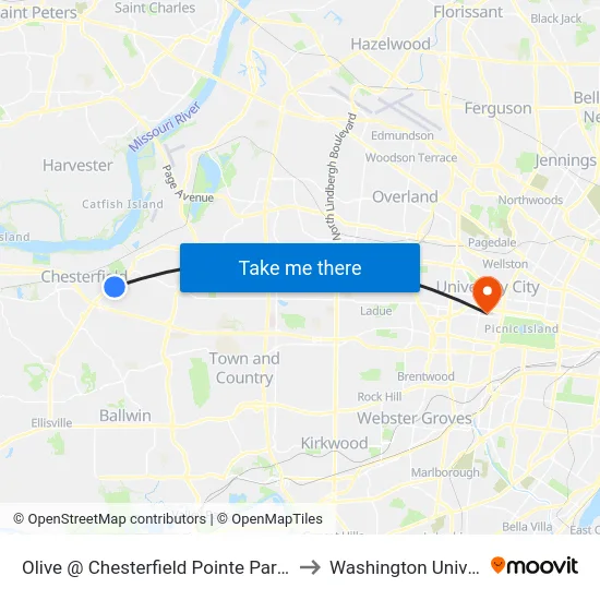 Olive @ Chesterfield Pointe Parkway Eb to Washington University map