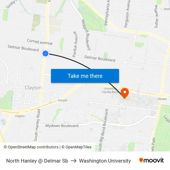 North Hanley @ Delmar Sb to Washington University map