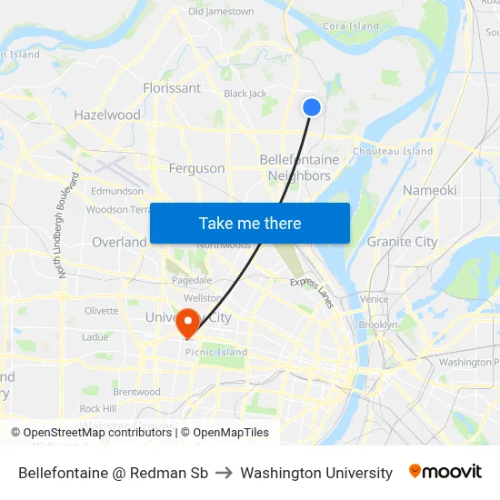 Bellefontaine @ Redman Sb to Washington University map
