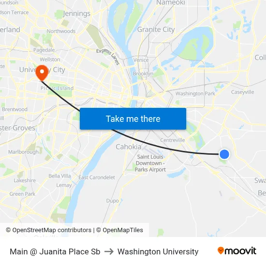 Main @ Juanita Place Sb to Washington University map