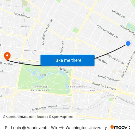 St. Louis @ Vandeventer Wb to Washington University map