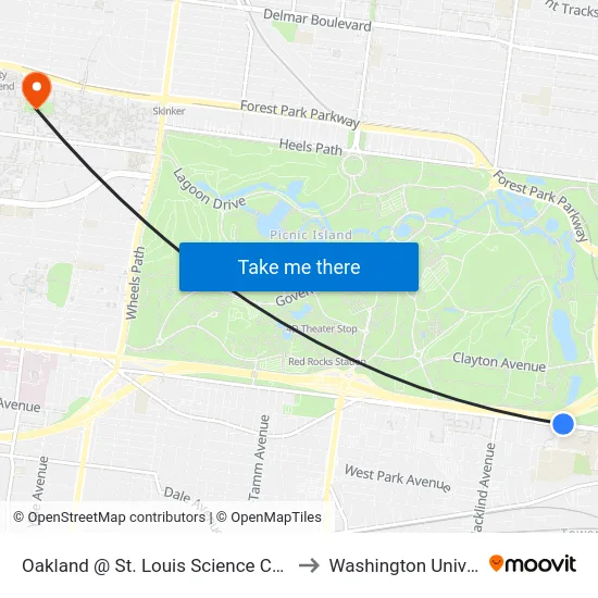Oakland @ St. Louis Science Center Wb to Washington University map