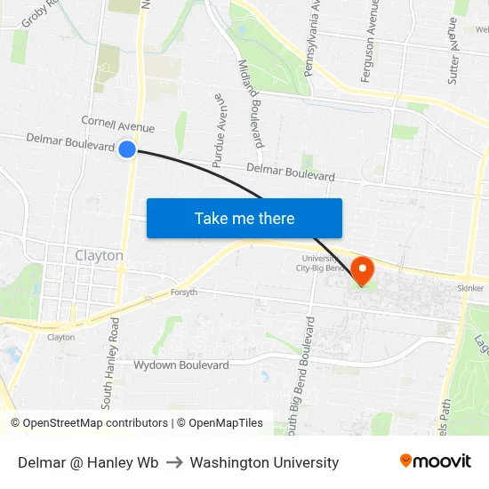 Delmar @ Hanley Wb to Washington University map