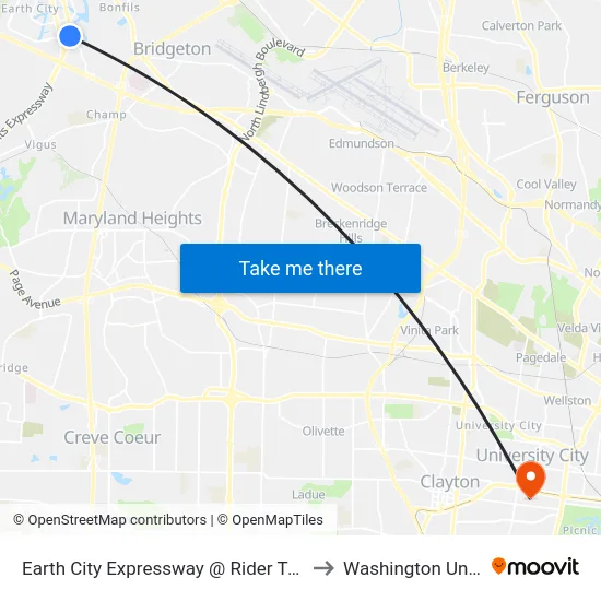 Earth City Expressway @ Rider Trail South Nb to Washington University map